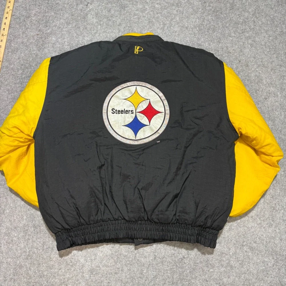 Vintage Pro Player Pittsburgh Steelers Jacket Mens Large Black Yellow Bomber NFL